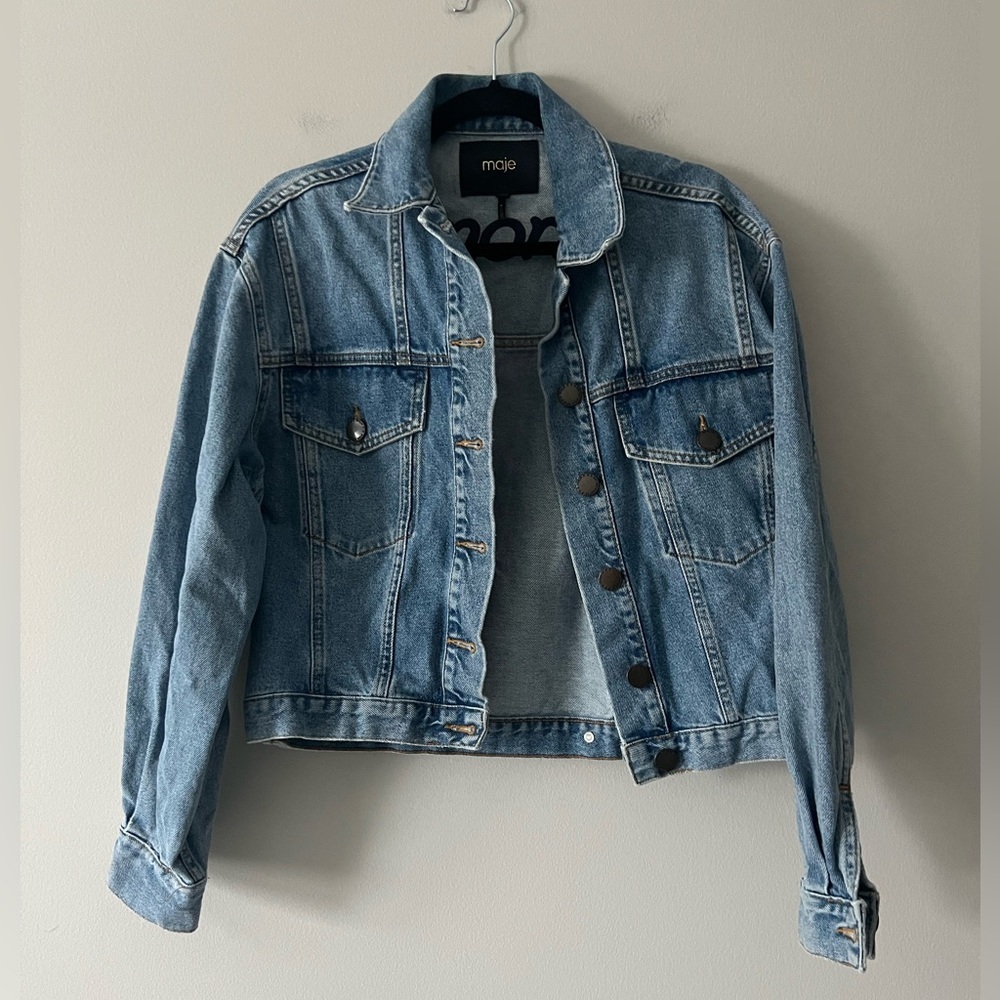 Maje Denim Jacket Waist Length Tonal Logo Back Size 38